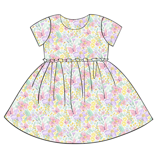 Baby Girls Short Sleeve Colorful Flowers Knee Length Dresses Preorder