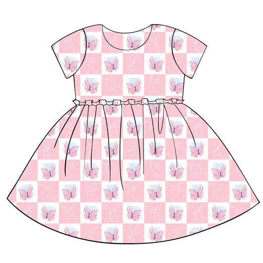 Baby Girls Short Sleeve Butterfly Hearts Checked Valentines Knee Length Dresses Preorder