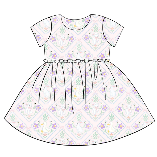 Baby Girls Short Sleeve Flowers Rabbits Gooses Checked Easter Knee Length Dresses Preorder