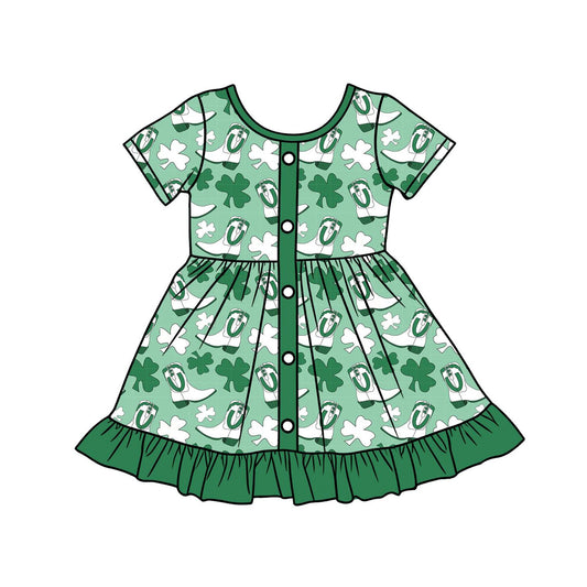 Baby Girls Short Sleeve Clovers Boots St Patrick Ruffle Knee Length Dresses Preorder