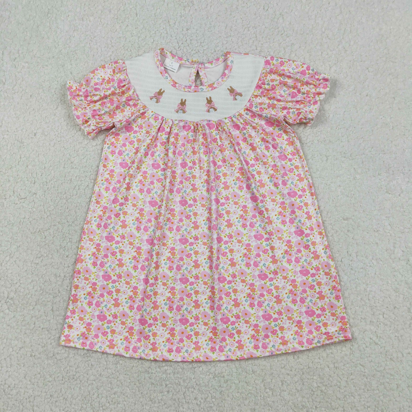 Smocked Bows Rabbits Baby Girls Pink Flowers Easter Knee Length Dress