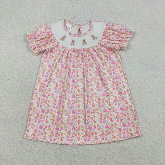 Sibling Baby Girls Smocked Bow Rabbits Flowers Easter Knee Length Dress Ruffle Rompers