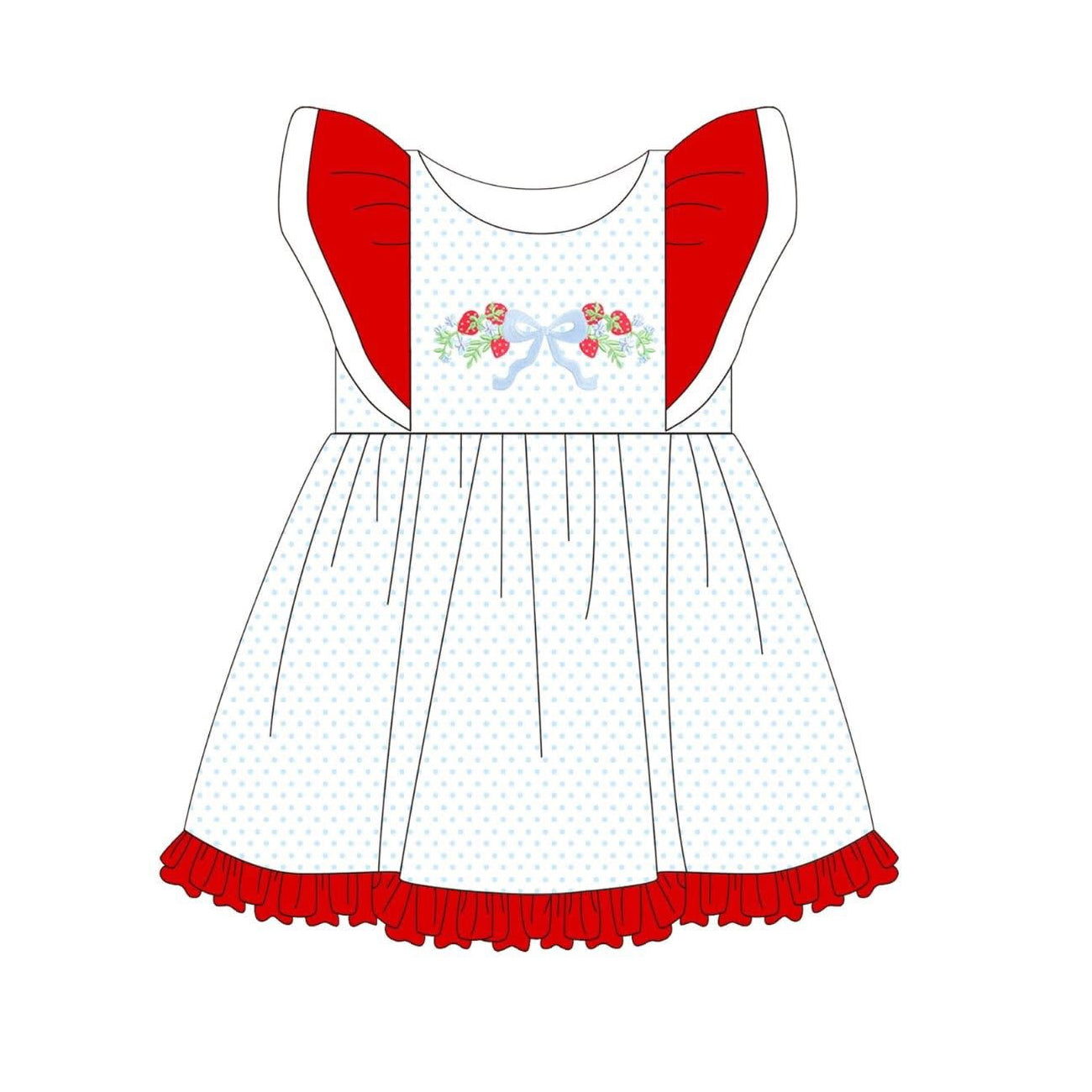 Baby Girls Flutter Sleeve Bow Strawberry Polka Dots Ruffle Knee Length Dresses Preorder