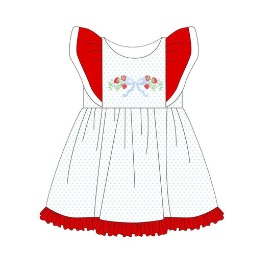 Baby Girls Flutter Sleeve Bow Strawberry Polka Dots Ruffle Knee Length Dresses Preorder