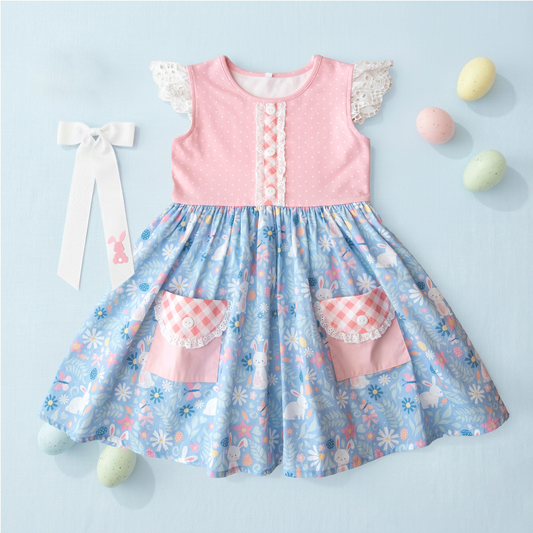 Baby Girls Flutter Sleeve Rabbits Flowers Easter Pockets Knee Length Dresses Preorder