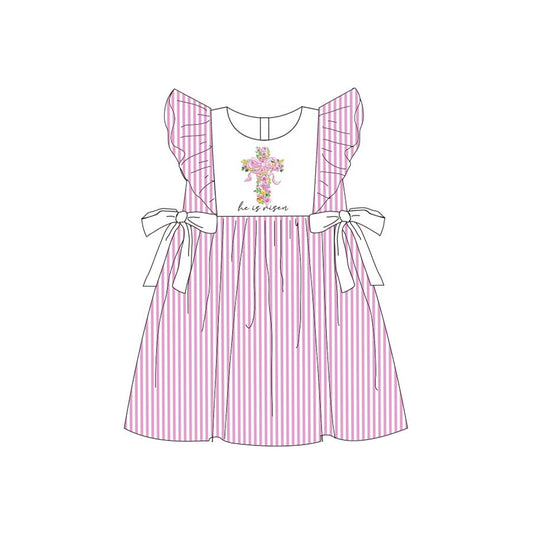 Baby Girls Flutter Sleeve Pink Stripe Floral Crosses Easter Knee Length Dresses Preorder