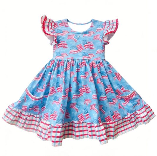 Baby Girls Flutter Sleeve Flags 4th of July Ruffle Knee Length Dresses Preorder