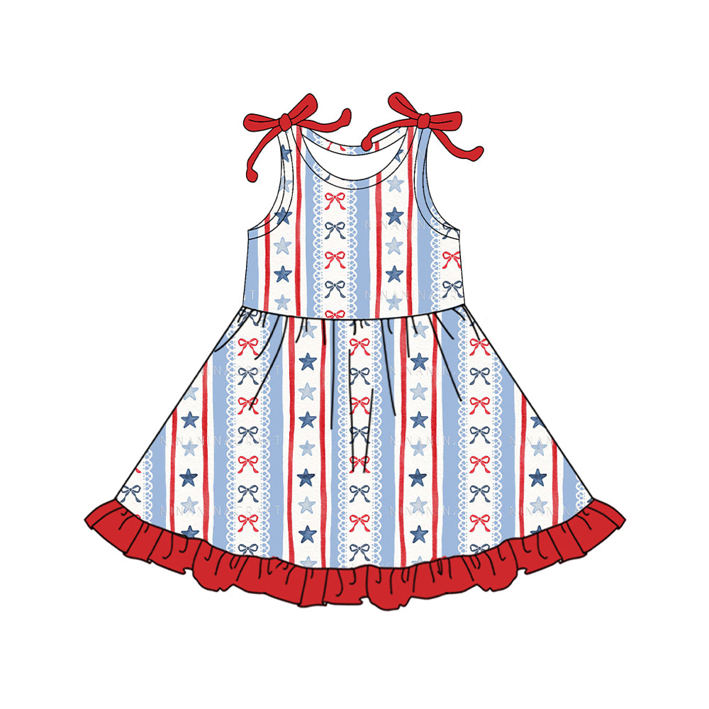 Baby Girls Sleeveless Bows Stars Stripe 4th of July Ruffle Knee Length Dresses Preorder