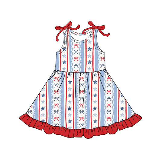 Baby Girls Sleeveless Bows Stars Stripe 4th of July Ruffle Knee Length Dresses Preorder