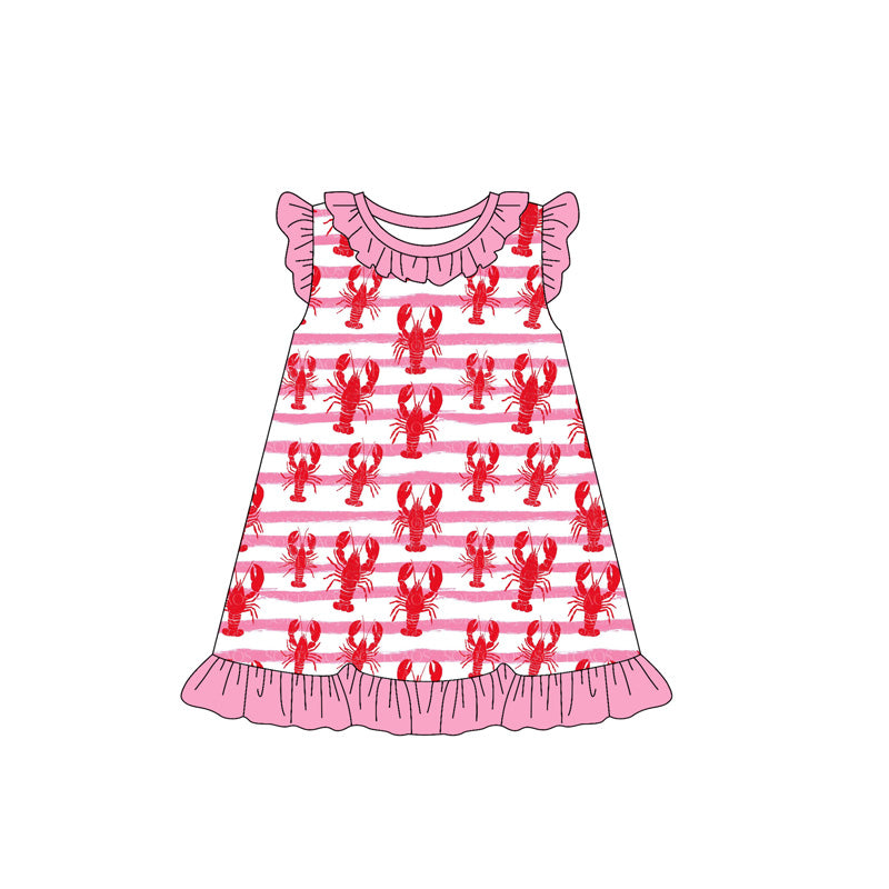 Baby Girls Flutter Sleeve Crayfishes Stripe Ruffle Collar Knee Length Dresses Preorder