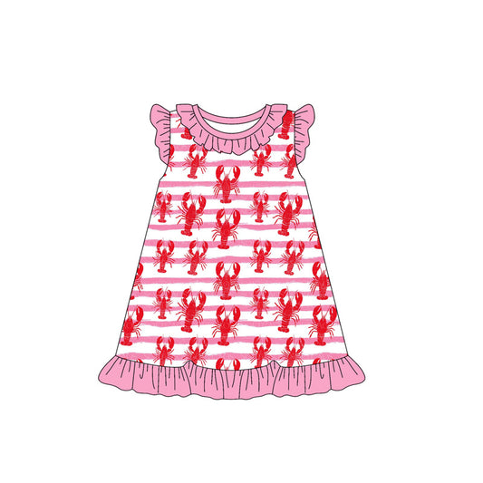 Baby Girls Flutter Sleeve Crayfishes Stripe Ruffle Collar Knee Length Dresses Preorder