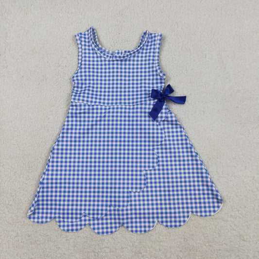 USA Shop Baby Girls Blue Checked Bow Short Yoga Active Scallop Knee Length Dress