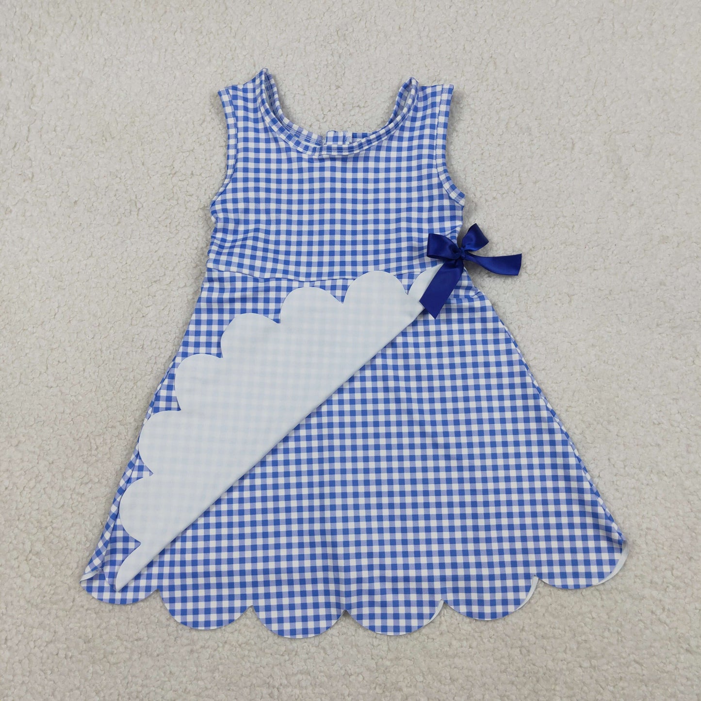 USA Shop Baby Girls Blue Checked Bow Short Yoga Active Scallop Knee Length Dress