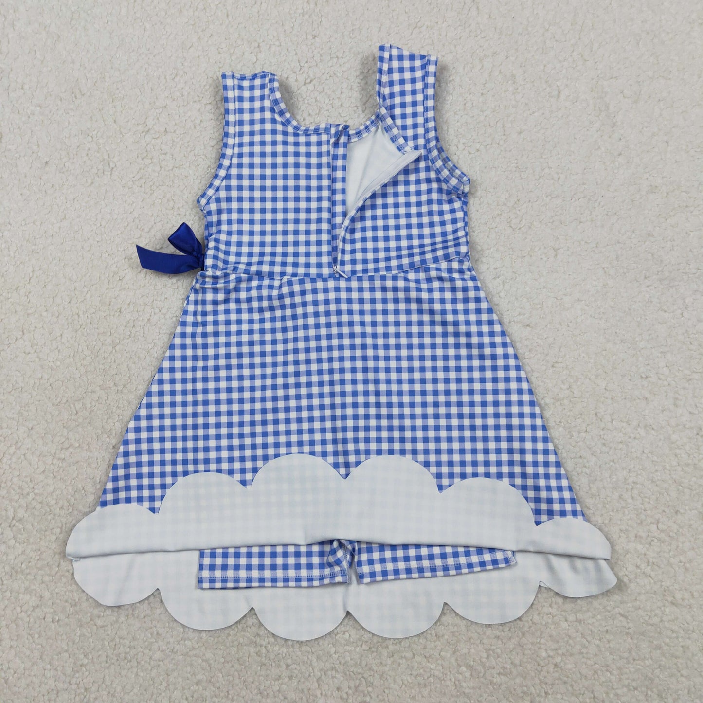 USA Shop Baby Girls Blue Checked Bow Short Yoga Active Scallop Knee Length Dress