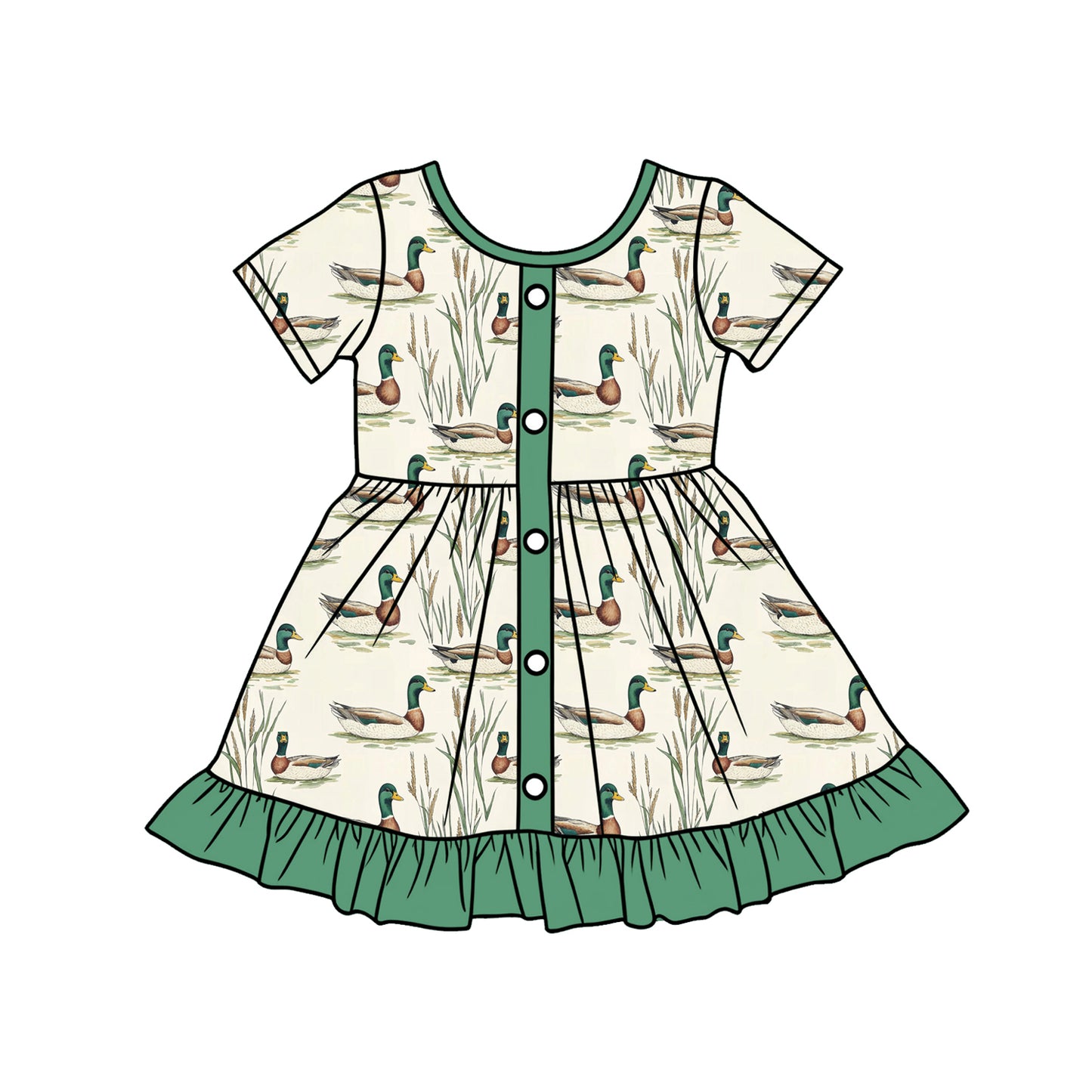 Baby Girls Green Ducks Button Hunting Ruffle Knee Length Dresses Preorder
