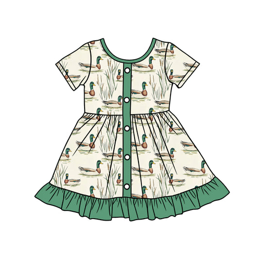 Baby Girls Green Ducks Button Hunting Ruffle Knee Length Dresses Preorder