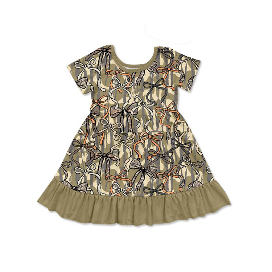 Baby Girls Southern Olive Camo Bows Hunting Ruffle Knee Length Dresses Preorder