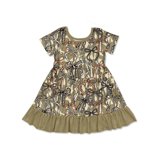 Baby Girls Southern Olive Camo Bows Hunting Ruffle Knee Length Dresses Preorder