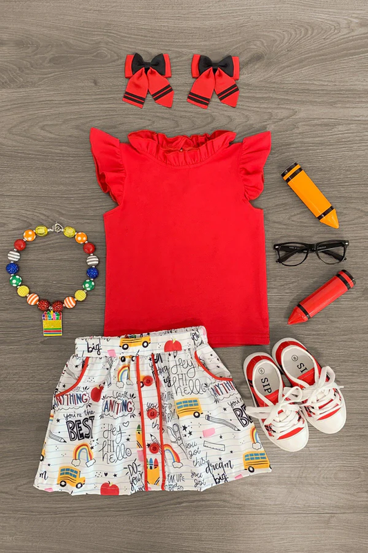 Baby Girls Red Shirts Top Pockets Button Skirt Shorts Back to School Clothes Sets Preorder