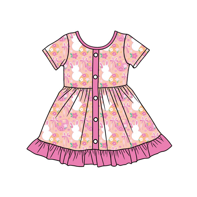 Baby Girls Pink Flowers Rabbits Button Ruffle Easter Knee Length Dresses Preorder
