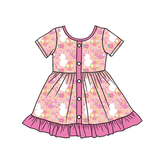 Baby Girls Pink Flowers Rabbits Button Ruffle Easter Knee Length Dresses Preorder