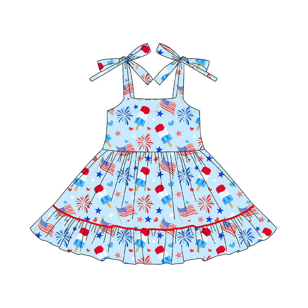 Baby Girls Strap Flags Fireworks Popsicle 4th of July Ruffle Knee Length Dresses Preorder