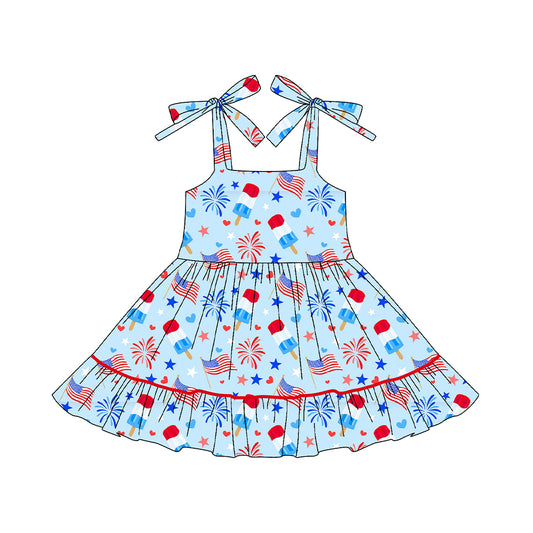 Baby Girls Strap Flags Fireworks Popsicle 4th of July Ruffle Knee Length Dresses Preorder