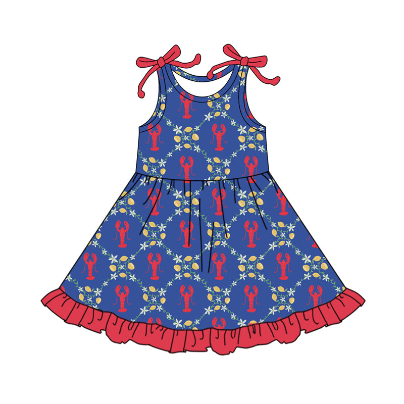 Baby Girls Bows Sleeveless Crayfishes Flowers Checked Ruffle Knee Length Dresses Preorder