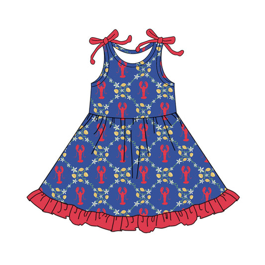 Baby Girls Bows Sleeveless Crayfishes Flowers Checked Ruffle Knee Length Dresses Preorder