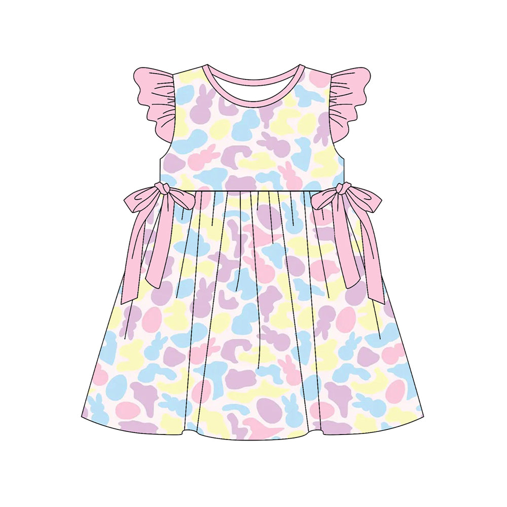 Baby Girls Colorful Rabbits Camo Easter Bows Knee Length Dresses Preorder