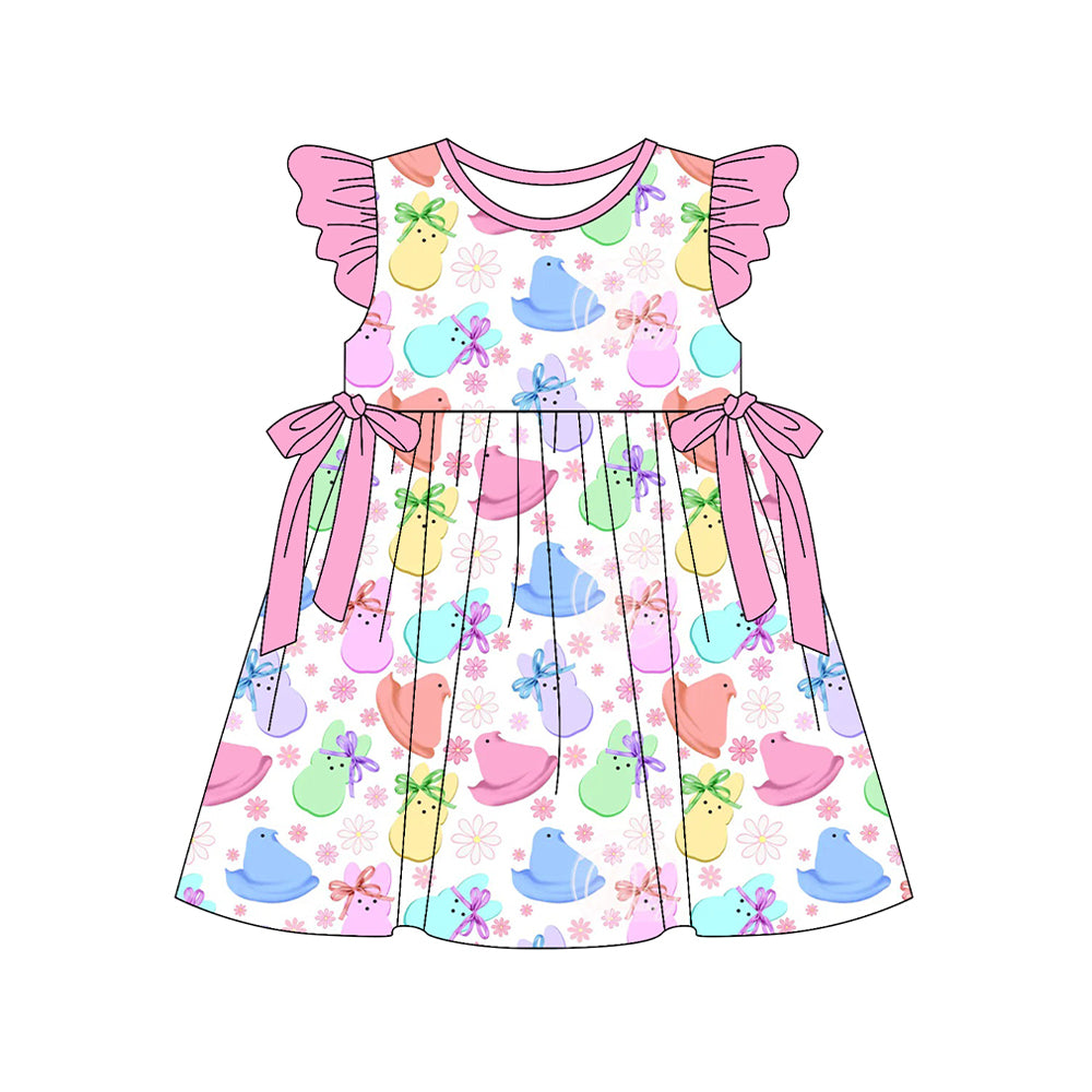 Baby Girls Colorful Rabbits Chicks Flowers Easter Bows Knee Length Dresses Preorder