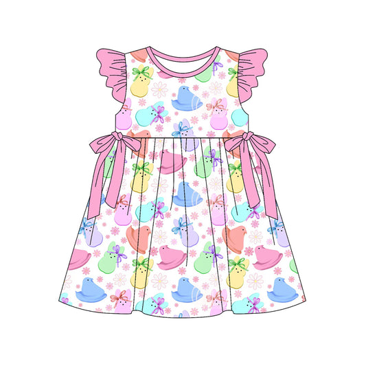 Baby Girls Colorful Rabbits Chicks Flowers Easter Bows Knee Length Dresses Preorder