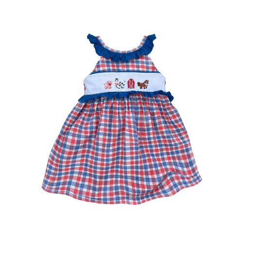 Baby Girls Sleeveless Red Blue Checked Farm Collar Knee Length Dresses Preorder