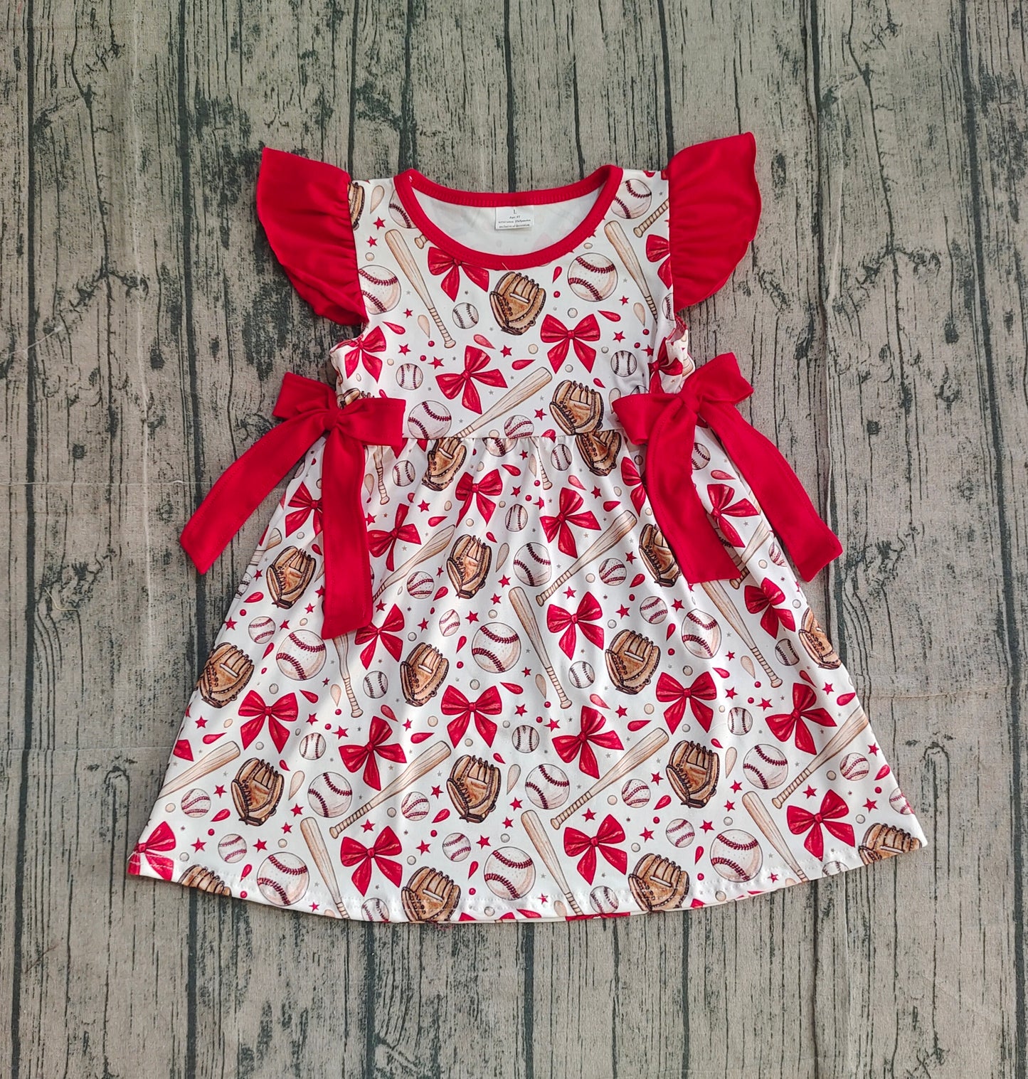 Baby Girls Flutter Sleeve Baseballs Bows Team Knee Length Dresses
