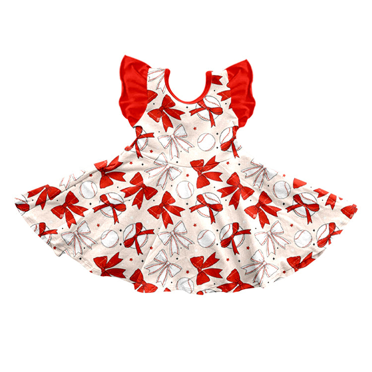 Baby Girls Flutter Sleeve Baseballs Bows Team Knee Length Dresses Preorder