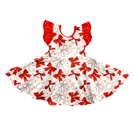 Baby Girls Flutter Sleeve Baseballs Bows Team Knee Length Dresses Preorder