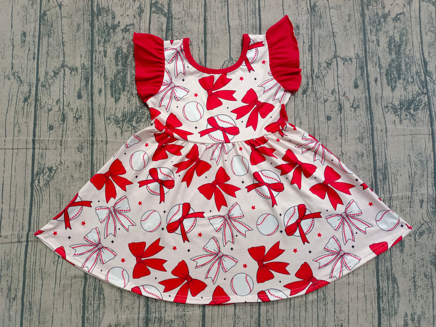 Baby Girls Flutter Sleeve Baseballs Bows Team Knee Length Dresses