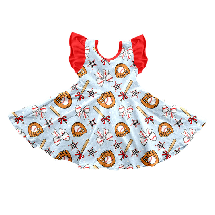 Baby Girls Flutter Sleeve Baseballs Bows Team Knee Length Dresses Preorder