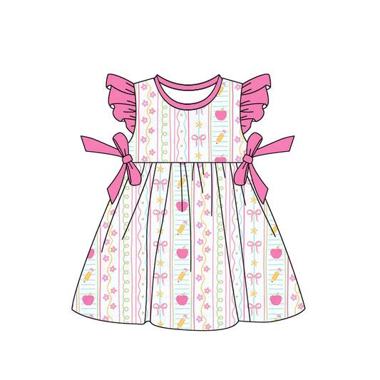 Baby Girls Flutter Sleeve Apples Pencils Back to School Bows Knee Length Dresses Preorder