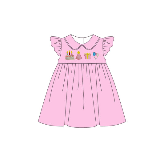 Baby Girls Pink Flutter Sleeve Happy Birthday Cakes Knee Length Dresses Preorder