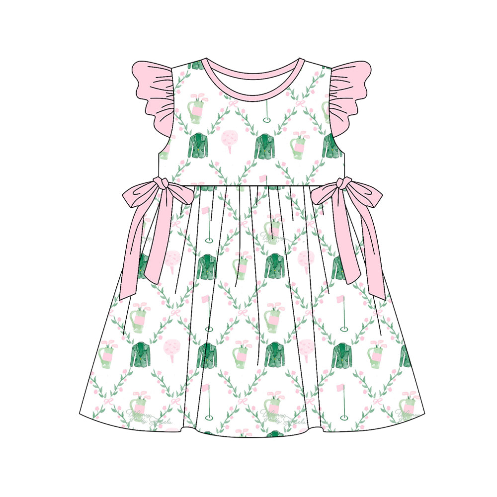 Baby Girls Flutter Sleeve Golf Flowers Checked Bows Knee Length Dresses Preorder
