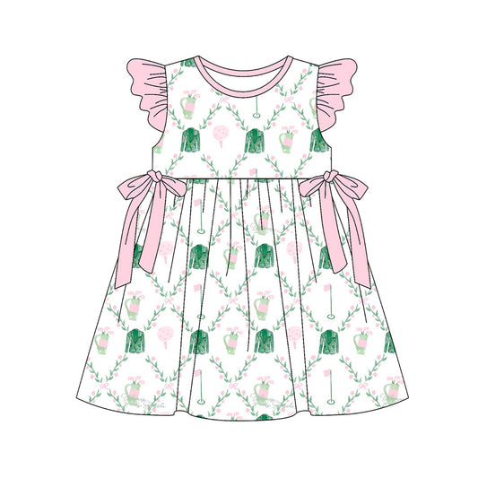 Baby Girls Flutter Sleeve Golf Flowers Checked Bows Knee Length Dresses Preorder