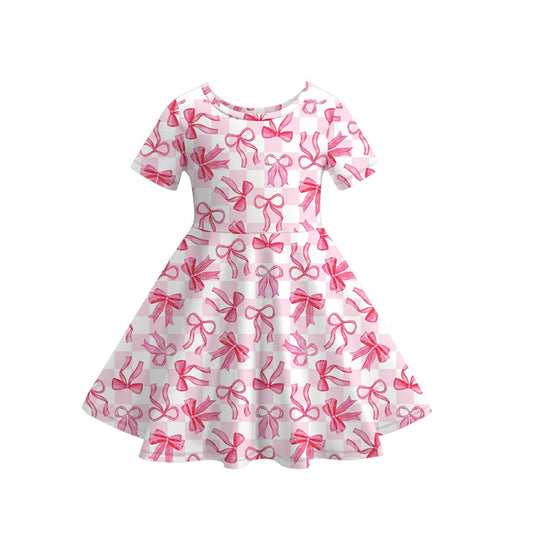Baby Girls Pink Checked Bows Ruffle Knee Length Dresses Preorder