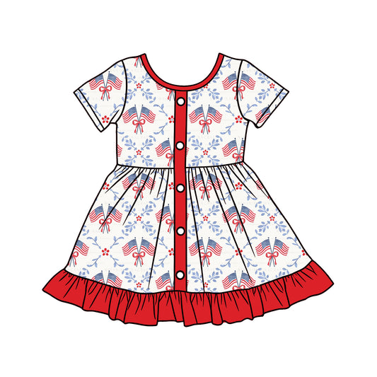 Baby Girls Flowers Bows Flags Button Ruffle 4th of July Knee Length Dresses Preorder