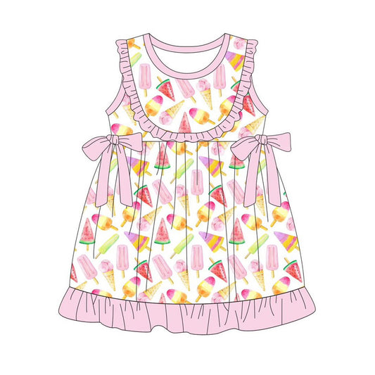 Baby Girls Colorful Popsicle Ice Creams Bows Ruffle Knee length Dresses Preorder