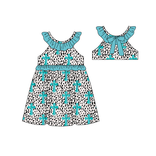 Baby Girls Leopard Crosses Ruffle Collar Back Bows Easter Knee length Dresses Preorder