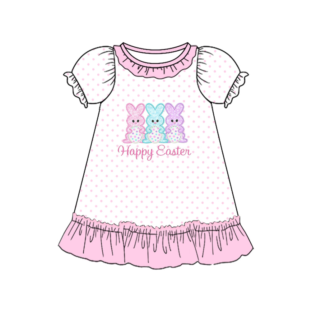 Baby Girls Pink Polka Dots Rabbits Eggs Happy Easter Ruffle Knee length Dresses Preorder