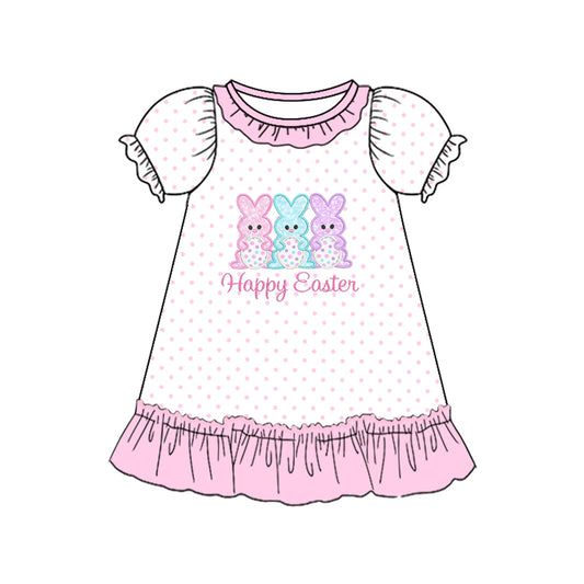 Baby Girls Pink Polka Dots Rabbits Eggs Happy Easter Ruffle Knee length Dresses Preorder