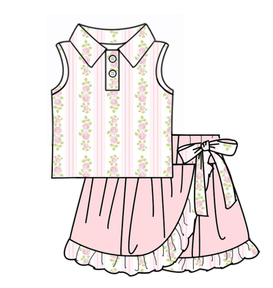 Baby Girls Pink Flowers Stripe Button Top Ruffle Skirt Shorts Yoga Clothes Sets Preorder