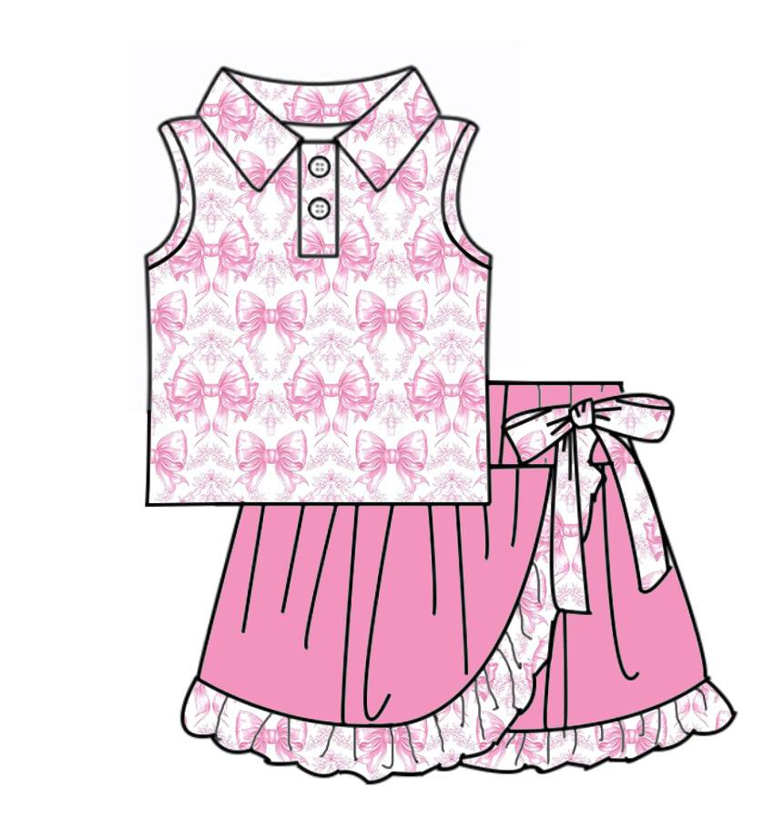 Baby Girls Pink Bows Flowers Button Top Ruffle Skirt Shorts Yoga Clothes Sets Preorder